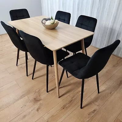 Rectangle Oak Effect Kitchen Dining Table With 6 Black Velvet Tufted Chairs Set • £299.99