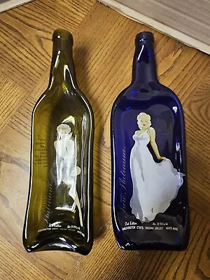 2 Flattened Blue & Brown Glass Wine Bottles With Marilyn Monroe  • $25