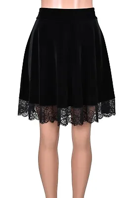 $65 • Buy Lace Trim Black Stretch Velvet Skater Skirt Plus Size High Waist XS-3XL Gothic