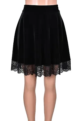 Lace Trim Black Stretch Velvet Skater Skirt Plus Size High Waist XS-3XL Gothic • $65