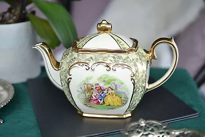 Vintage Sadler Cube Large Teapot Green Gold Gilt Romantic Garden Crinoline Lady • £37.95