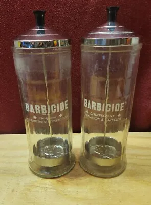 VINTAGE BARBICIDE Glass Disinfectant Barber Beauty Shop Comb Jar Lot Of 2 • $24.50