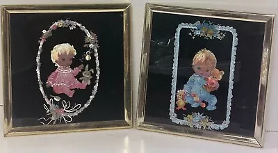 Vintage Kafka Metallic Art Framed Foil Picture Baby Girl & Boy 6x6  • $19.99