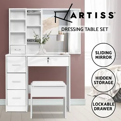 Artiss Dressing Table Stool Set Slide Mirror Makeup Vanity Desk Chair White • $147.95