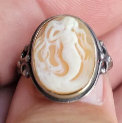 Mermaid Cameo Ring Vintage Sterling Silver Hand Carved Size 9 • $99