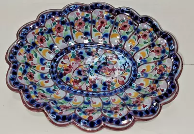 Signed Portugal Hand Painted Ceramic Serving Bowl Floral Oval Scalloped Edge • $24.99