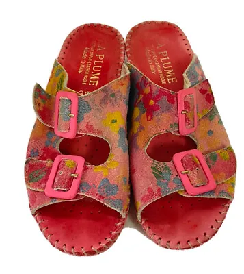 La Plume Jen 36 Pink Leather Adjustable Slide Sandal Floral Suede Shoes 5/5.5 US • $26