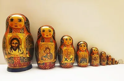 '88 Vtg OOAK Russian Matryoshka NESTING DOLLS 10pc Handpnt RELIGIOUS Icon SIGNED • $99