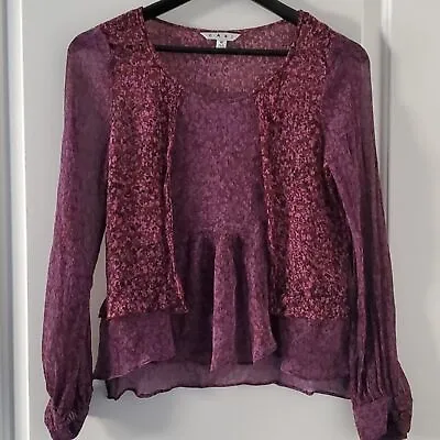 Cabi Sonet Silk Sheer Floral Tunic Bohemian Size Medium Purple Peasant • $11.09