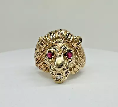 Vintage 14k Gold Lion Head Diamond Ruby Ring Sz 6.5 10g • $559