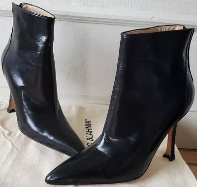 Manolo Blahnik Black Leather Ankle Boots Pointy Toe Stiletto Heels Never Worn • $299.99