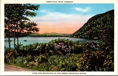 Postcard. Greetings From Vermont Lake And Mountain In Green Mtn. State. AK. • $2.95