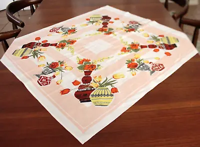 Vintage 1960's Red Roses Tulips Floral Cotton Square Card Table Size Tablecloth • $34.95