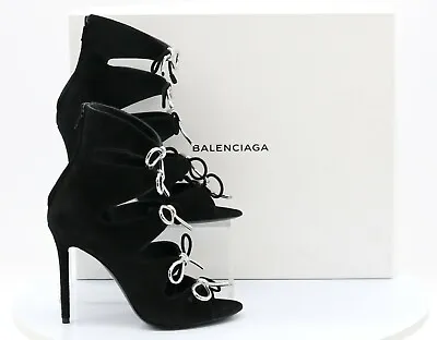 Balenciaga Ladies Black Silver Caged Boulce Bow Tie Heels Sandals Rrp Â£715 C • £96.40