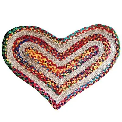 HEART RAG RUG DOORMAT FAIR TRADE MULTI-COLOURED Recycled Sari Fabric & Jute NEW! • £21.99