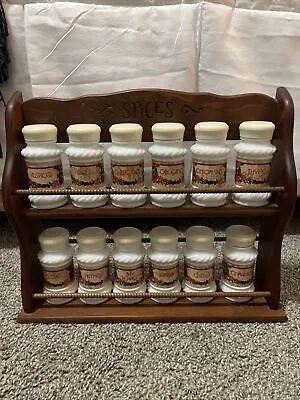 Vintage Milk Glass Spice Jar 12 Pc. Set W/ Ma Leck Wood Rack • $35