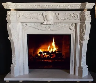Fireplace Mantle SURROUND – Custom Hand Carved Marble Mantel – REAL STONE • $6850