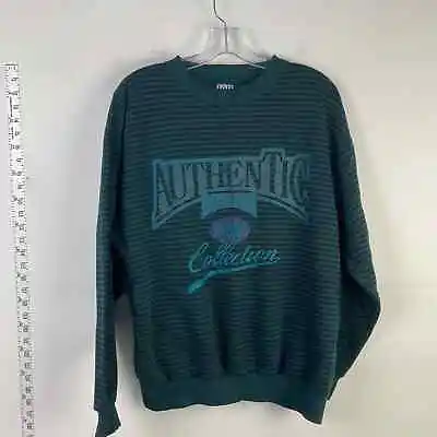 VTG IOU Green Black Striped Crewneck Pullover Sweatshirt Mens S • $33.15