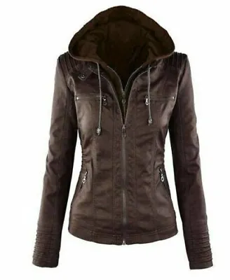 Women Leather Jacket Genuine Lambskin Biker Moto Removable Hooded Leather Jacket • $90.99