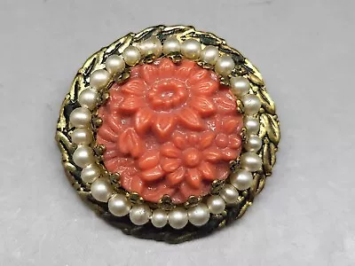 Antique Carved Red Coral And Seed Pearl Brass Pin Brooch • $12.99