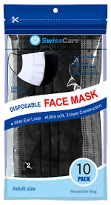 SwissCare 3 Ply Disposable Face Mask With Earloop 10 Pack Black • $12.60