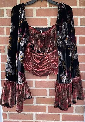 Free People Catching Feelings Velvet Cropped Top Blouse Bell Boho Stretch Size L • $89