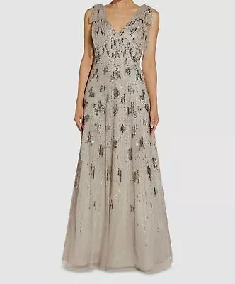 $595 Aidan Mattox Women's Silver Sequined Bow Shoulder V-Neck Dress Size US 4 • $190.78