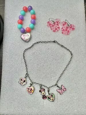 VTG Disney Minnie Mouse Charm Necklace 5 Removable Charms & Bracelet & Earrings  • $18.44