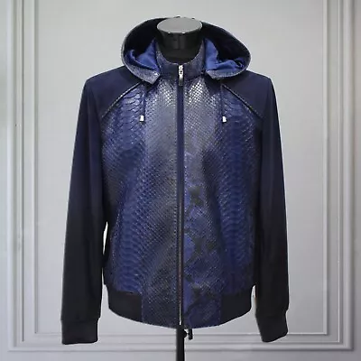 Real Python Leather Genuine Suede Men's Bue Removable Hooded Bomber Jacket • $895