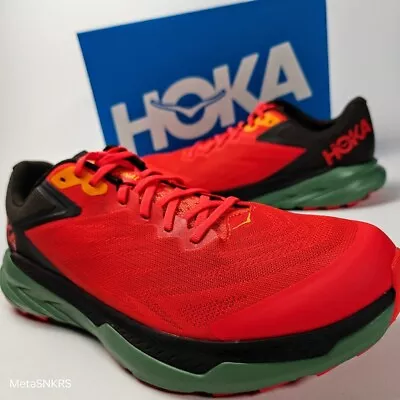 Hoka Zinal Men's US 12 D Orange Brown Olive Green Trail Vibram Runner Foam Vegan • $112