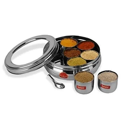 Stainless Steel Belly Shape Indian Masala(Spice)Box /Dabba/Organiser With Spoon • $29.44