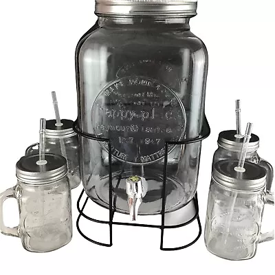 Glass Beverage Dispenser 2 Gal. 4 Mason Jar 16 Oz Mugs With Lids And Straws  • $50