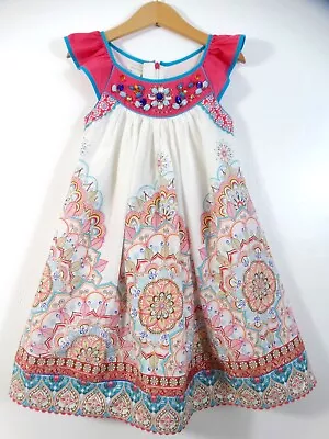 Monsoon UK Girls Jewelled White Blue Pink Flutter Summer Dress Age 4-5 Size 5 • $69