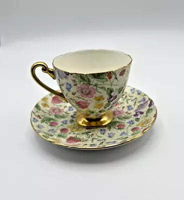 Vintage Shelley Bone China Countryside Chintz Footed Tea Cup & Saucer Gold Leaf • $79