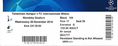 TICKET: Tottenham V Inter Milan (UEFA Champions League) 2018/2019 • £5.99