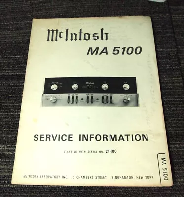 Original McIntosh Model MA 5100 Pre-Amp Service Information Manual Schematic • $12.99