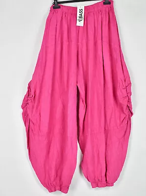 LA BASS Cerise Pink  Ruched 100% Flax Linen Balloon Trousers Size XL/XXL • $99.77