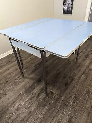 Vintage Blue Formica Table  Pull Out Leaves And Chrome Edges And Utensil Drawer • $275