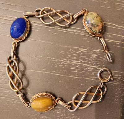 Vintage Gold Plated Scarab Bracelet 3 Carved Semi Precious Stones • $24.99