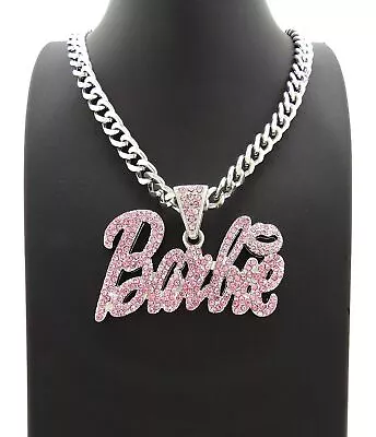 Women Gold Plated Pink Barbie Iced Cubic Zirconia Charm & Cuban Chain Necklace • $19.99