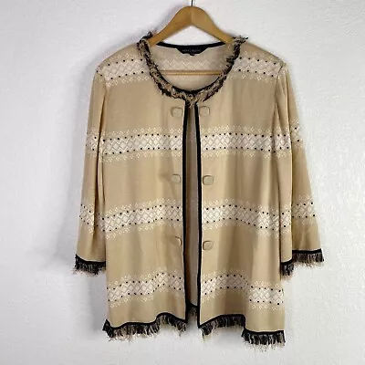 Ming Wang Womens Size 1X Tan Black And White Fringe Cardigan Sweater • $64.99