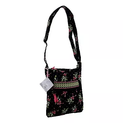 Vera Bradley New Hope Hipster Crossbody Bag Quilted Black Pink Ribbon Snow Drops • $45.99