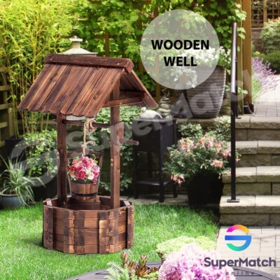 Wooden Wishing Well Garden Planter Flower Bucket Rusit Outdoor Decor Timber • $119.59