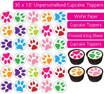 30 Paw Prints Colourful Edible Wafer & Icing Cupcakes Toppers Decor Bday Animal • £2.25