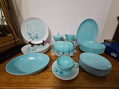 Vintage Oneida Melamine Dish Set (service Of 8) Blue/turquoise Floral • $99.99