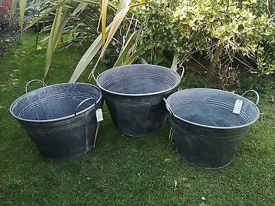 Set Of 3 Round Vintage Zinc Galvanised Metal Garden Flower Planter Tub Pot (XL) • £69.99