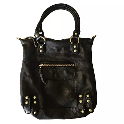 Linea Pelle Large Black Leather Satchel With Gold Grommet Details • $99