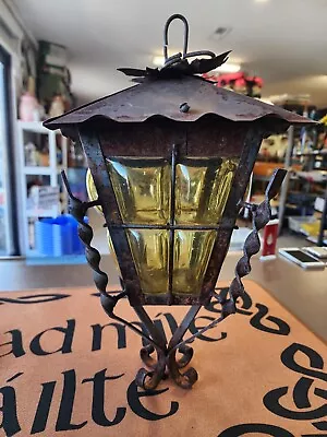 Antique Gothic Spanish Revival Wrought Iron Bubble Glass Hanging Lantern Light • $470