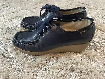 VINTAGE SAS USA Women's Navy Oxford Moc Toe Shoes Basketweave Cut Leather 7 N • $20.99