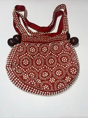 Vintage 70s Red Beaded Tapestry Carpet Bag Purse Wood Frame Boho Shoulder Bag • $27